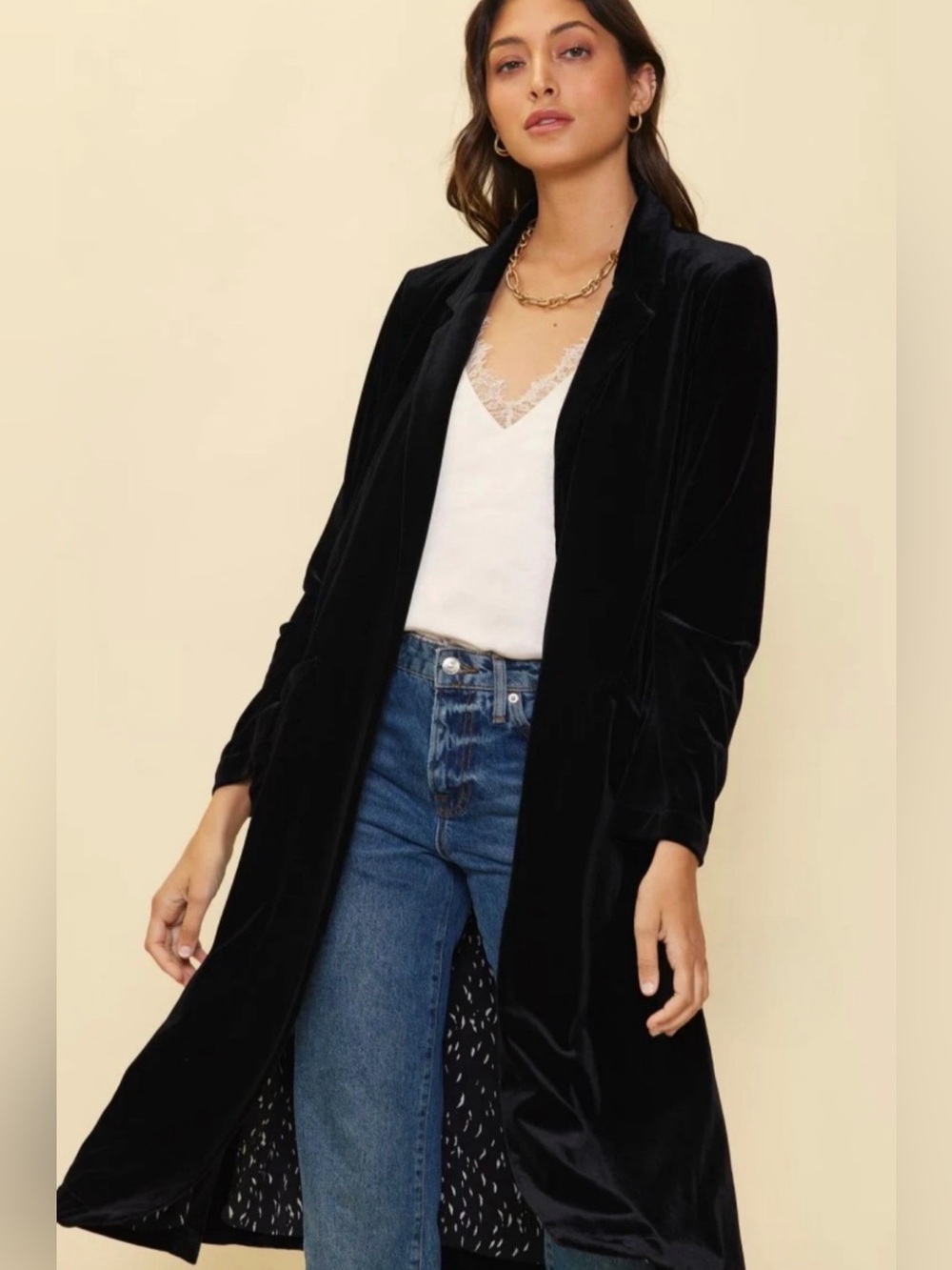 Skies Are Blue Plush Black Velvet Long Trench Jacket Duster Cream Print Lining M